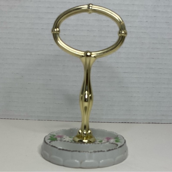 Porcelain Trinket Dish with Gold Tone Handle Embossed Roses and Painted Roses - Picture 2 of 7